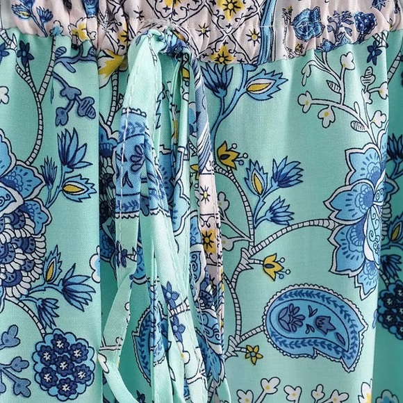 Boho Blue Floral Paisley Short Sleeve Ruffle Dress - Picture 7 of 9